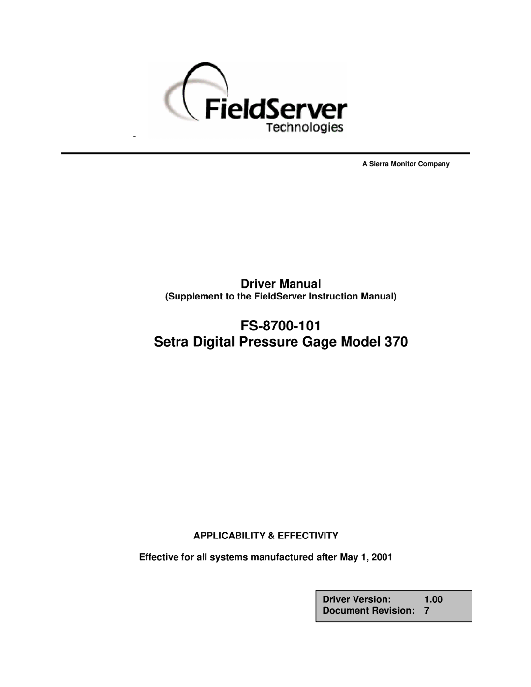 FieldServer instruction manual FS-8700-101 Setra Digital Pressure Gage Model 