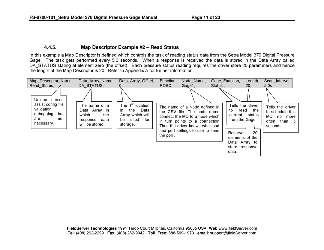 FieldServer FS-8700-101 instruction manual Map Descriptor Example #2 Read Status, Dastatus Rdbc 