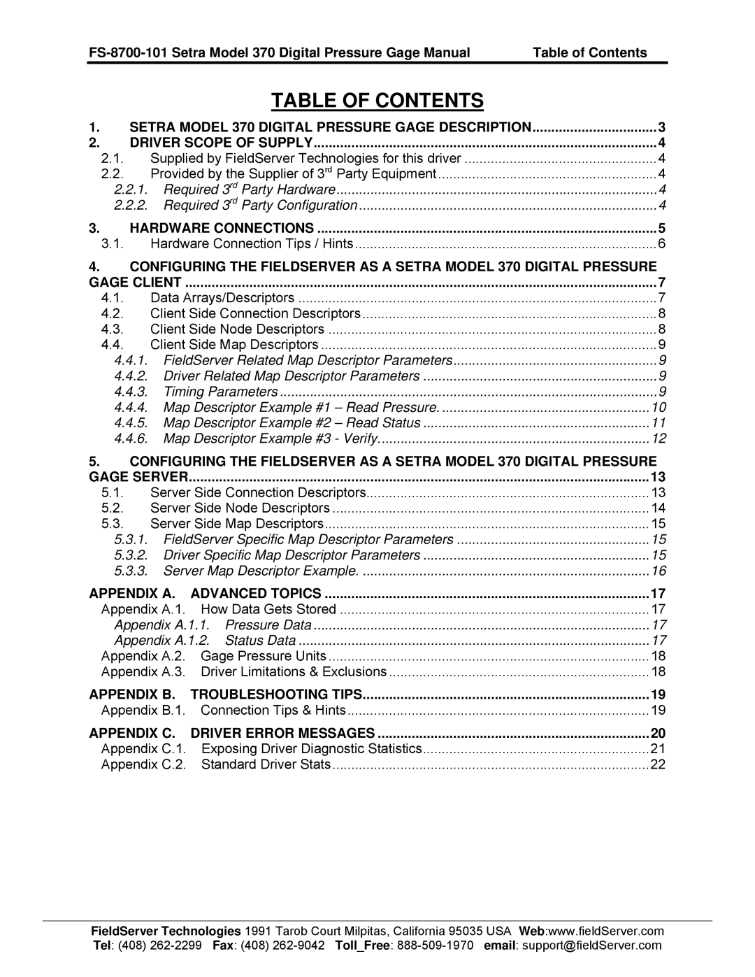 FieldServer FS-8700-101 instruction manual Table of Contents 