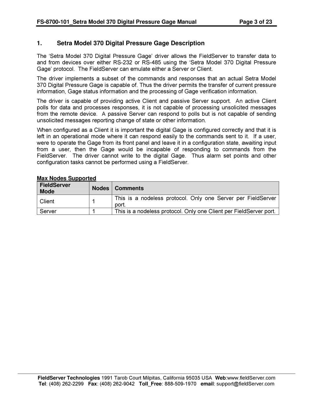 FieldServer FS-8700-101 Setra Model 370 Digital Pressure Gage Description, Max Nodes Supported FieldServer, Comments Mode 