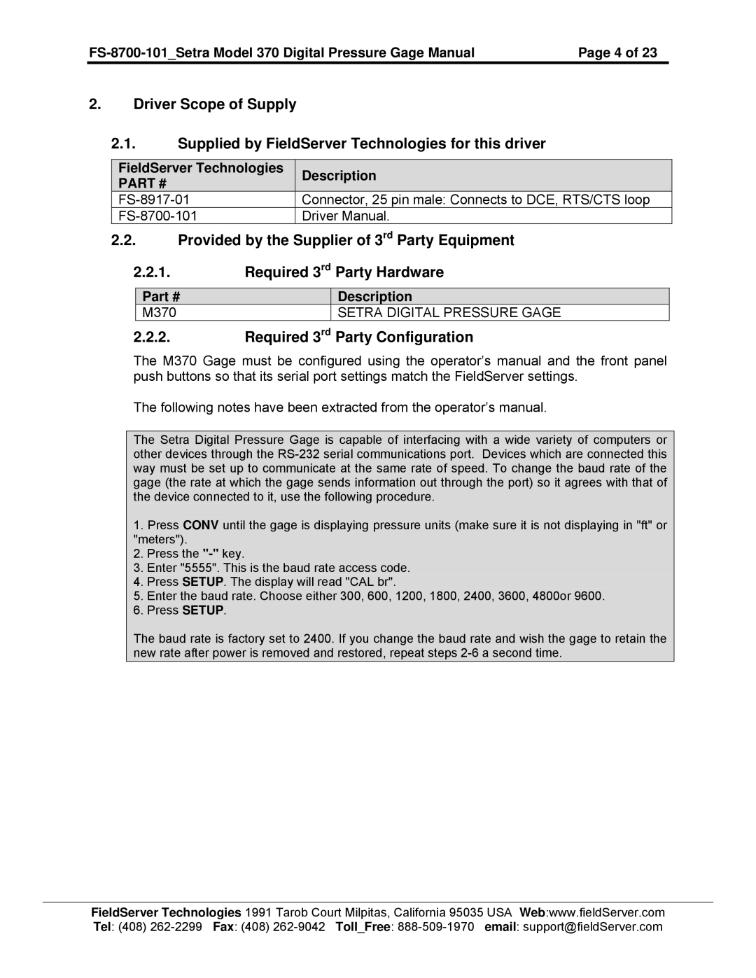 FieldServer FS-8700-101 Required 3rd Party Configuration, FieldServer Technologies Description FS-8917-01 