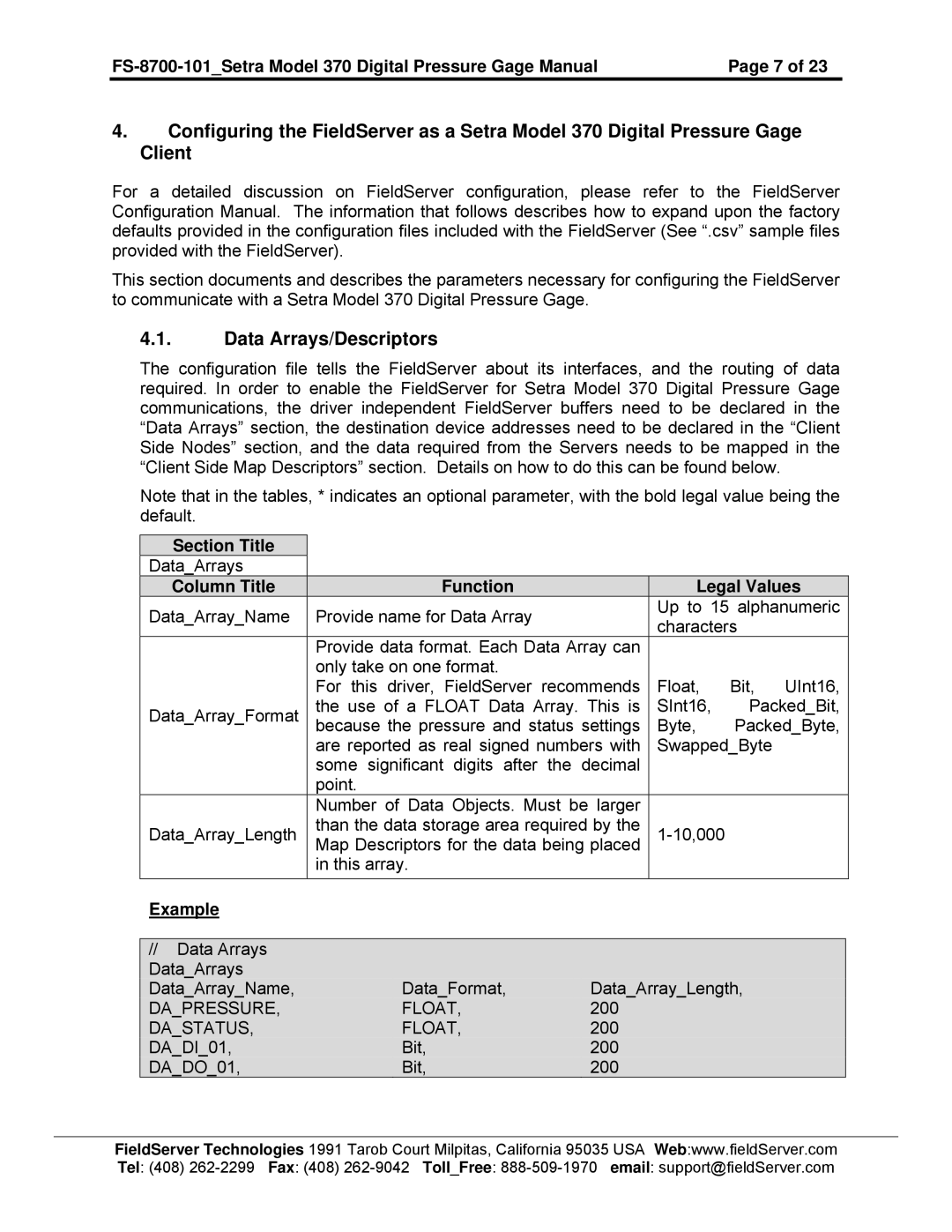 FieldServer FS-8700-101 Data Arrays/Descriptors, Section Title, Column Title Function Legal Values, Example 