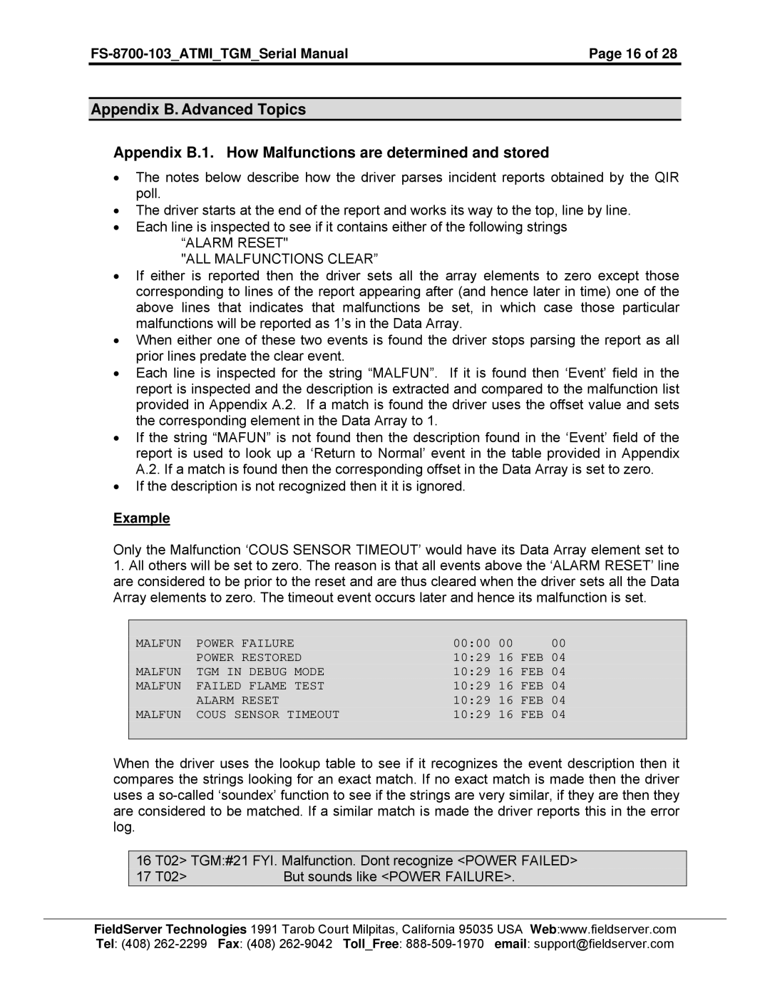 FieldServer FS-8700-103 instruction manual Alarm Reset ALL Malfunctions Clear, Example 