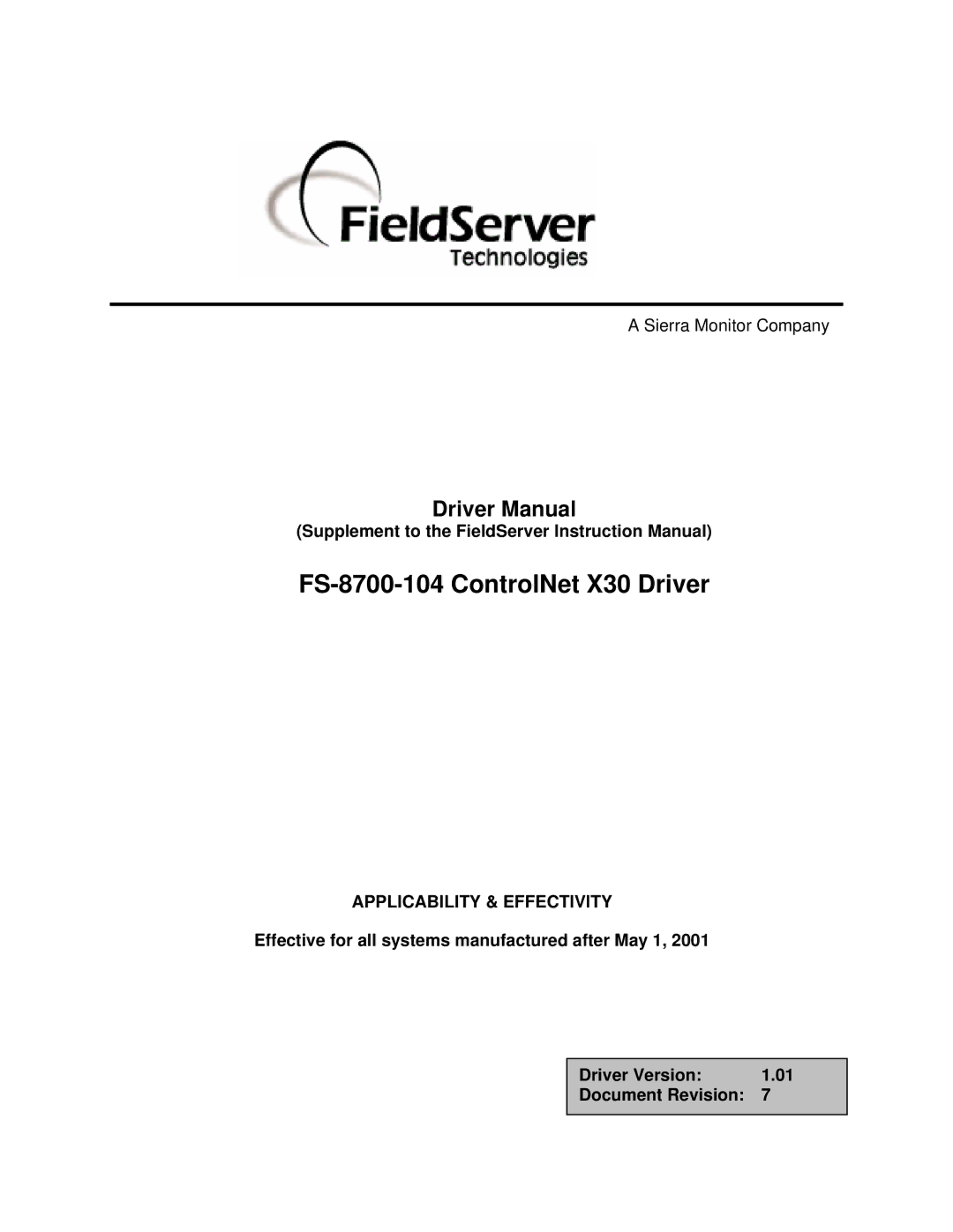 FieldServer instruction manual FS-8700-104 ControlNet X30 Driver 