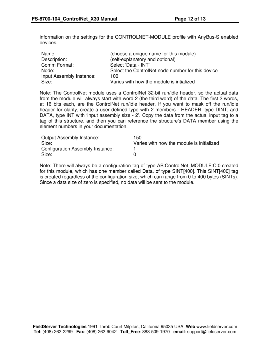 FieldServer instruction manual FS-8700-104ControlNetX30 Manual 