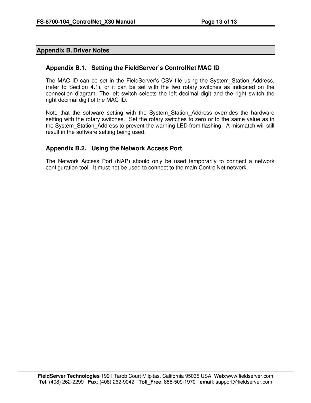 FieldServer FS-8700-104 instruction manual Appendix B.2. Using the Network Access Port 