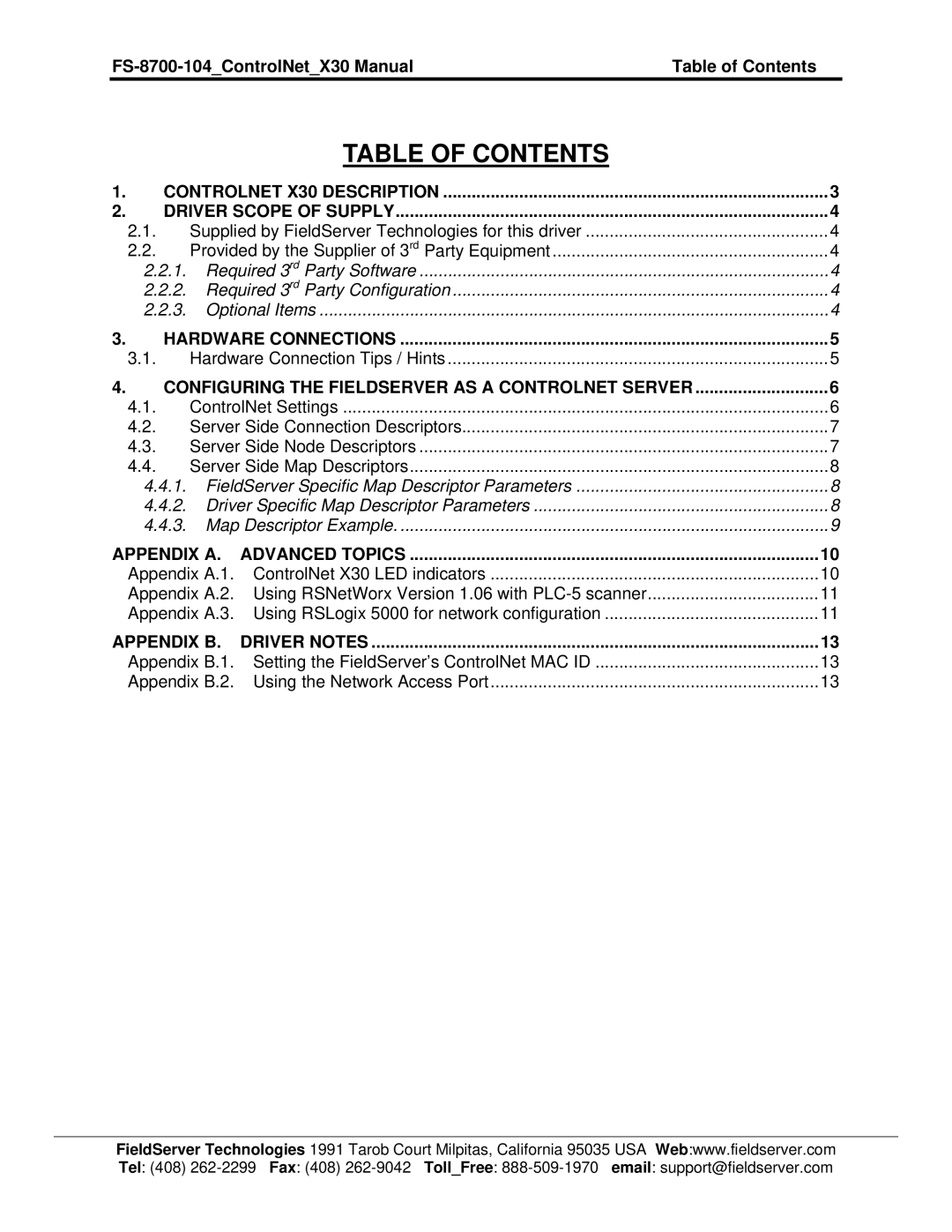 FieldServer FS-8700-104 instruction manual Table of Contents 