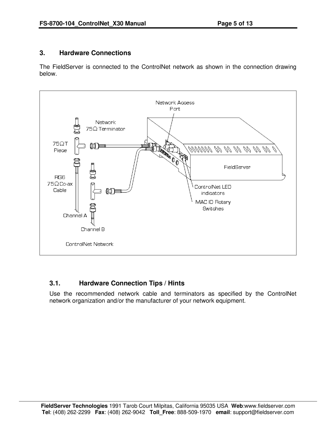 FieldServer FS-8700-104 instruction manual Hardware Connections, Hardware Connection Tips / Hints 