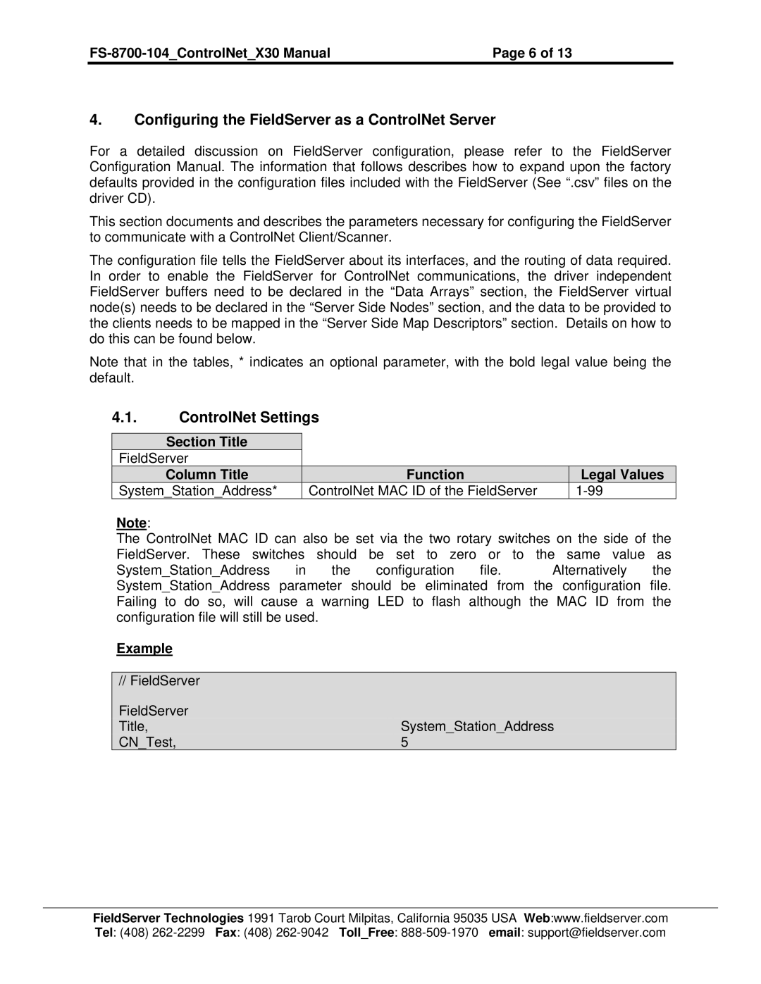 FieldServer FS-8700-104 Configuring the FieldServer as a ControlNet Server, ControlNet Settings, Section Title, Example 