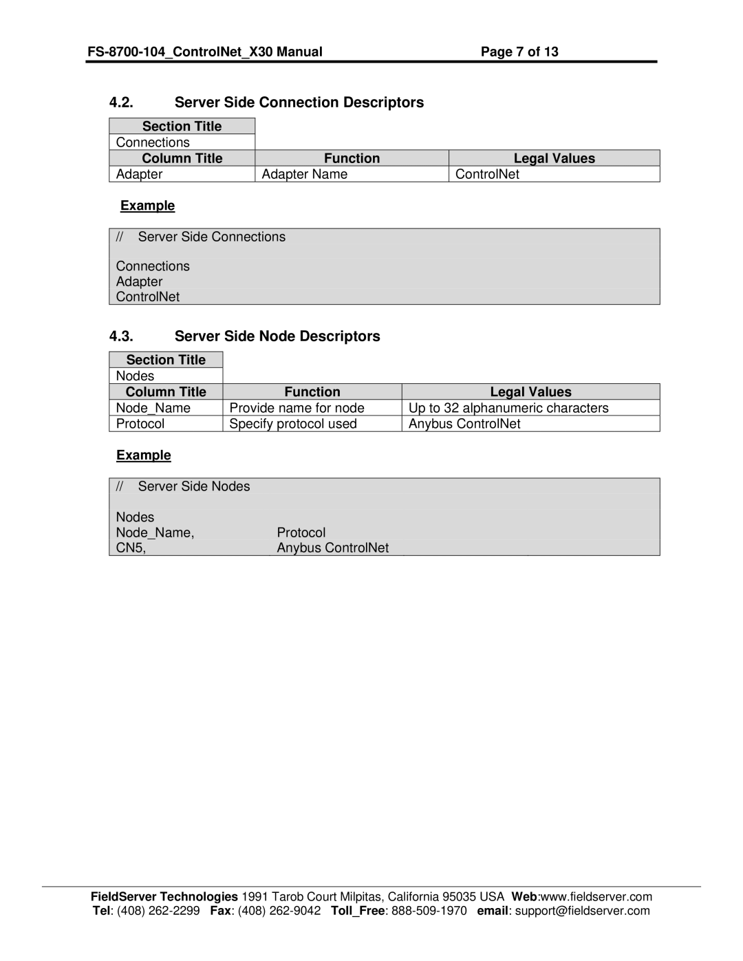 FieldServer FS-8700-104 instruction manual Server Side Connection Descriptors, Server Side Node Descriptors 