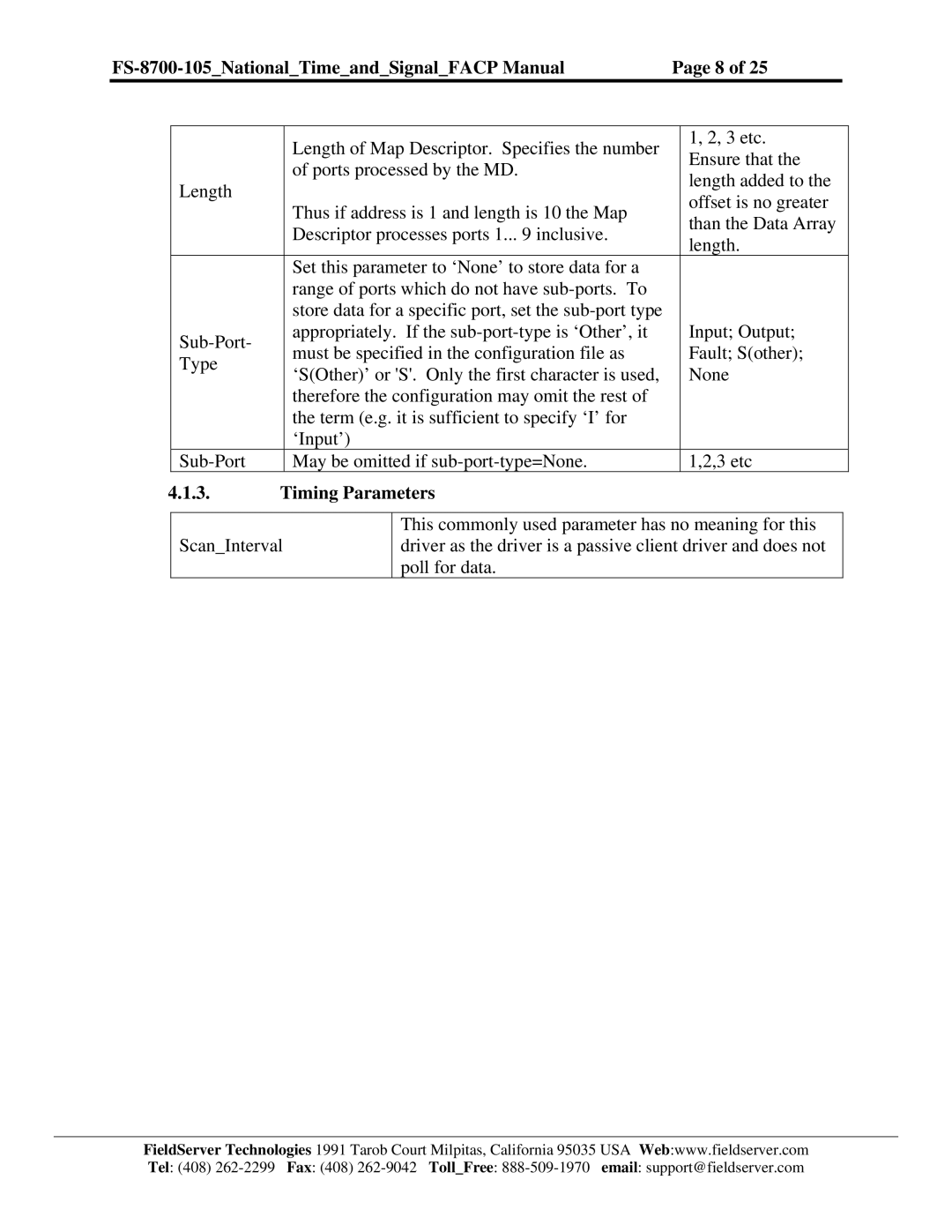 FieldServer FS-8700-105 instruction manual Timing Parameters 