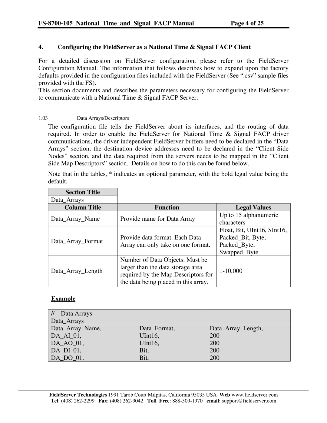 FieldServer FS-8700-105 instruction manual Section Title, Column Title Function Legal Values, Example 