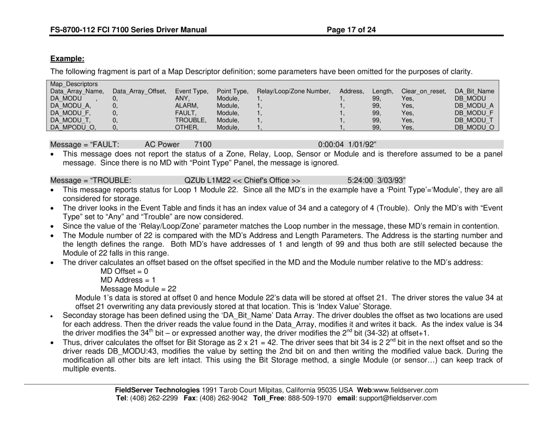 FieldServer instruction manual FS-8700-112 FCI 7100 Series Driver Manual Example 