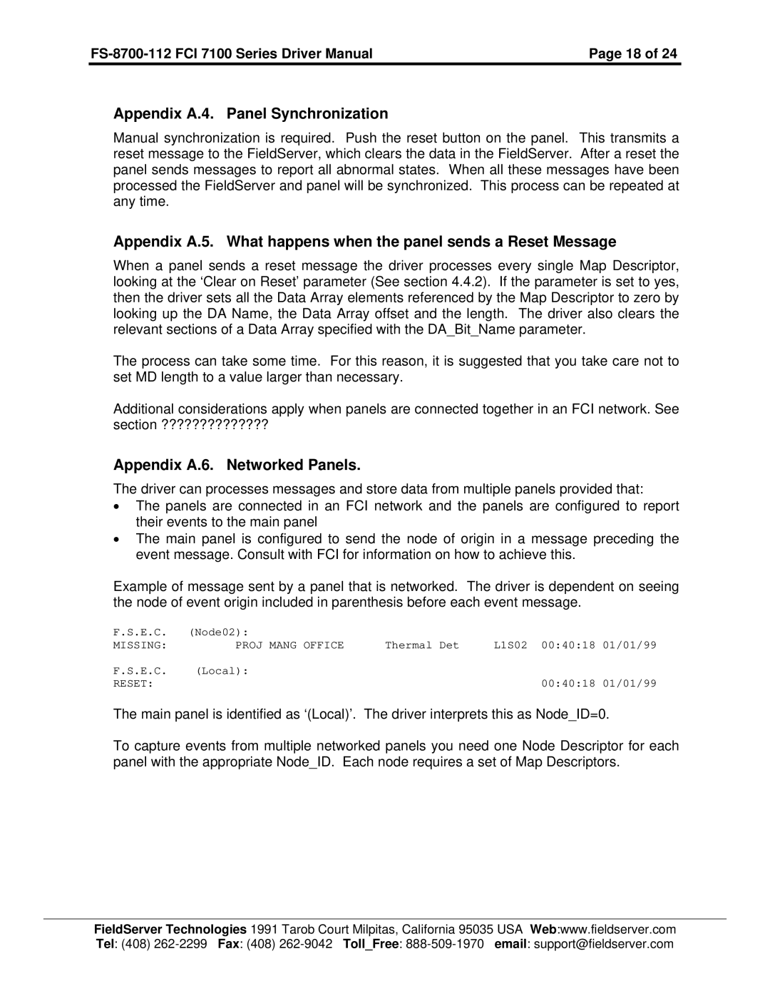 FieldServer FS-8700-112, FCI 7100 Series Appendix A.4. Panel Synchronization, Appendix A.6. Networked Panels 