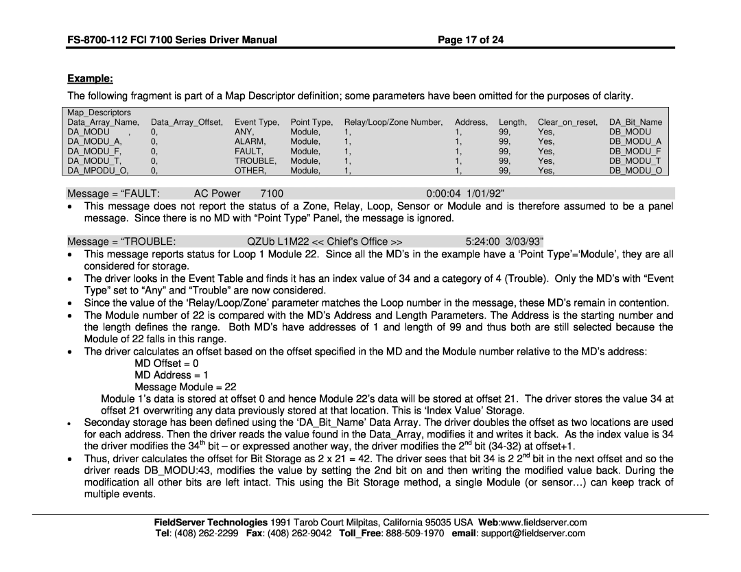 FieldServer instruction manual Page 17 of, FS-8700-112 FCI 7100 Series Driver Manual, Example, Message = “FAULT 