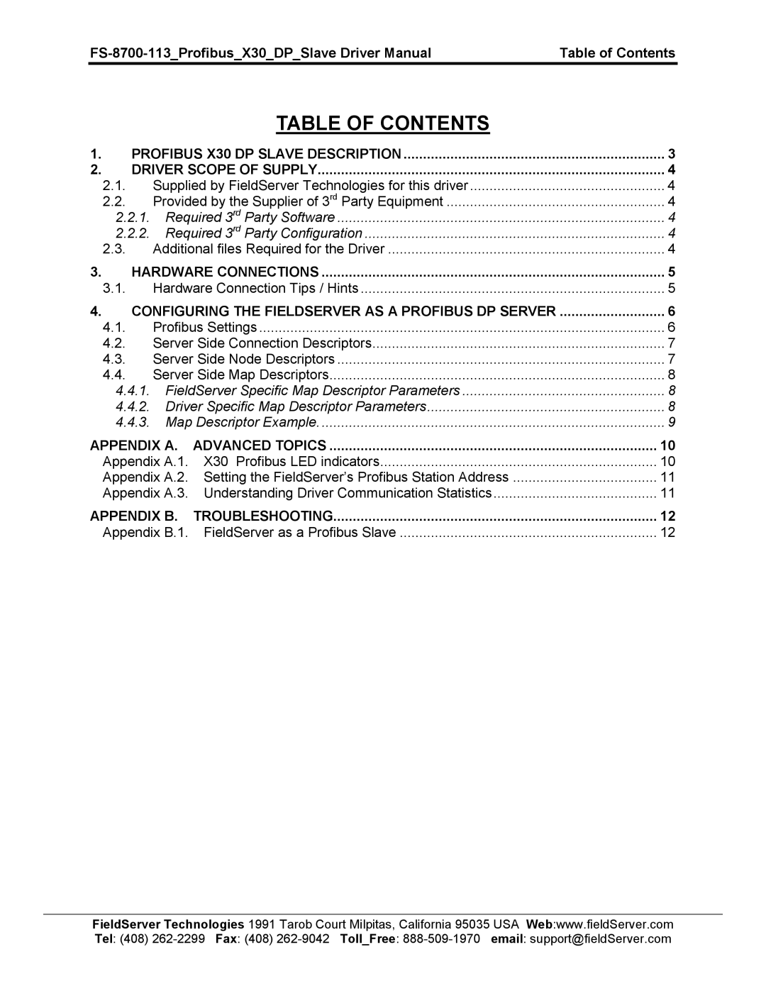 FieldServer FS-8700-113 instruction manual Table of Contents 