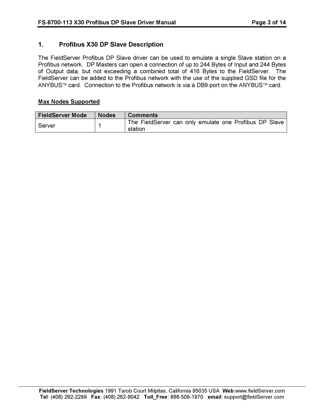 FieldServer FS-8700-113 instruction manual Profibus X30 DP Slave Description 