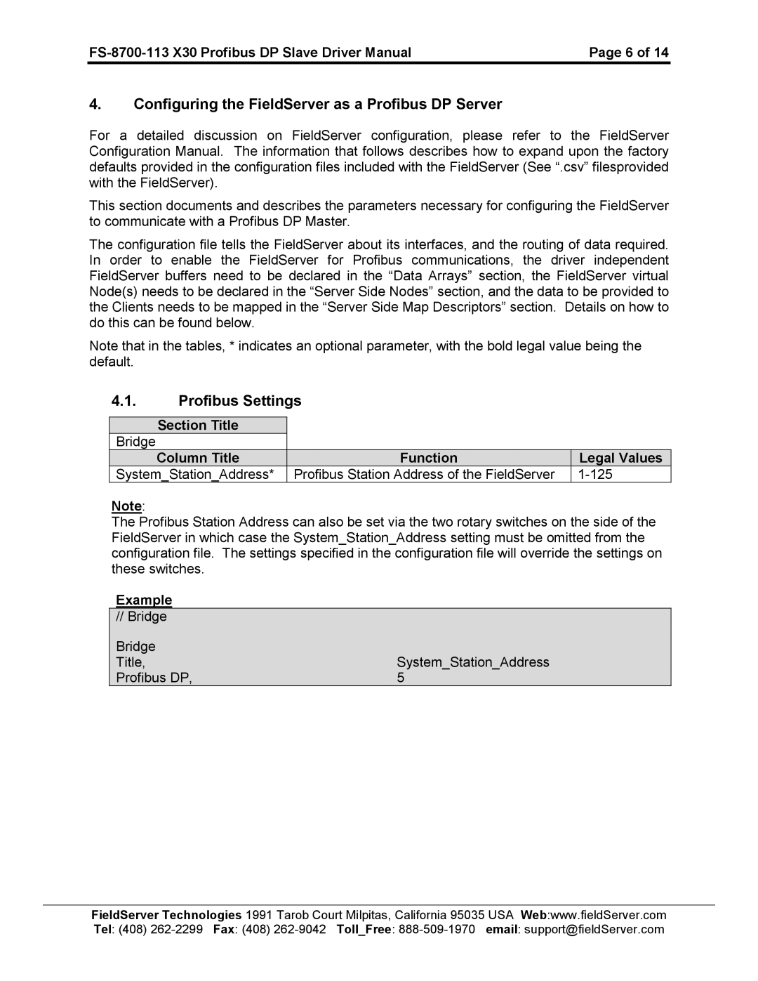 FieldServer FS-8700-113 instruction manual Configuring the FieldServer as a Profibus DP Server, Profibus Settings 