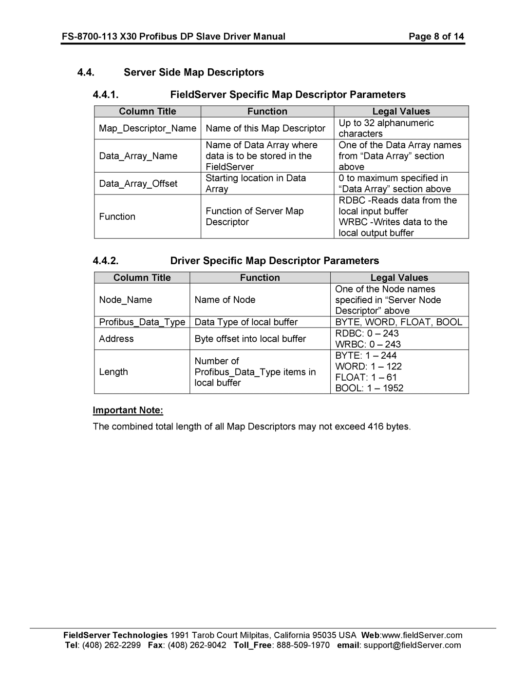 FieldServer FS-8700-113 instruction manual Driver Specific Map Descriptor Parameters, BYTE, WORD, FLOAT, Bool 