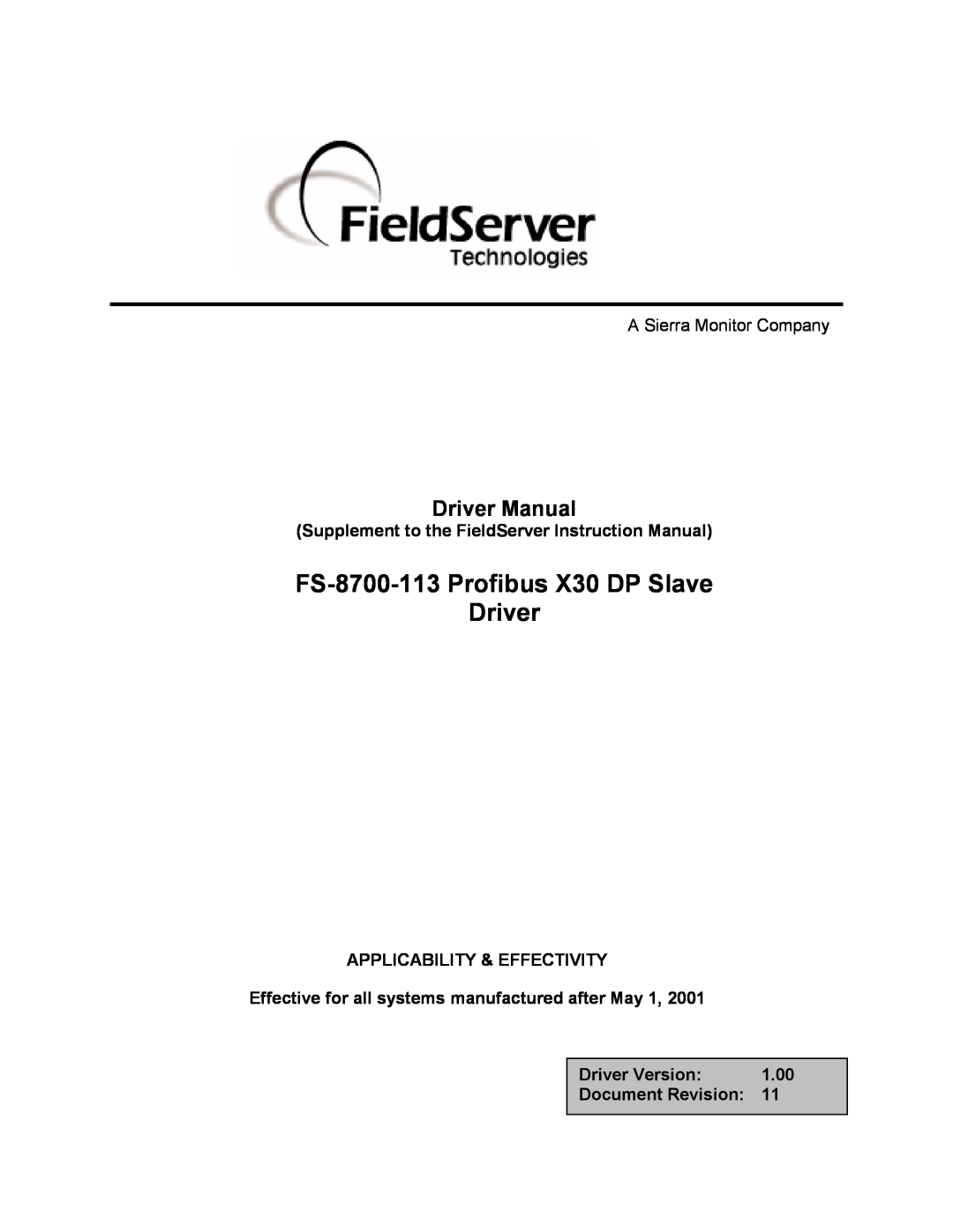 FieldServer instruction manual FS-8700-113 Profibus X30 DP Slave Driver, Driver Manual 