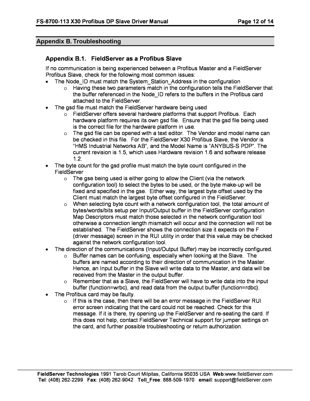 FieldServer FS-8700-113 instruction manual Appendix B. Troubleshooting, Appendix B.1. FieldServer as a Profibus Slave 