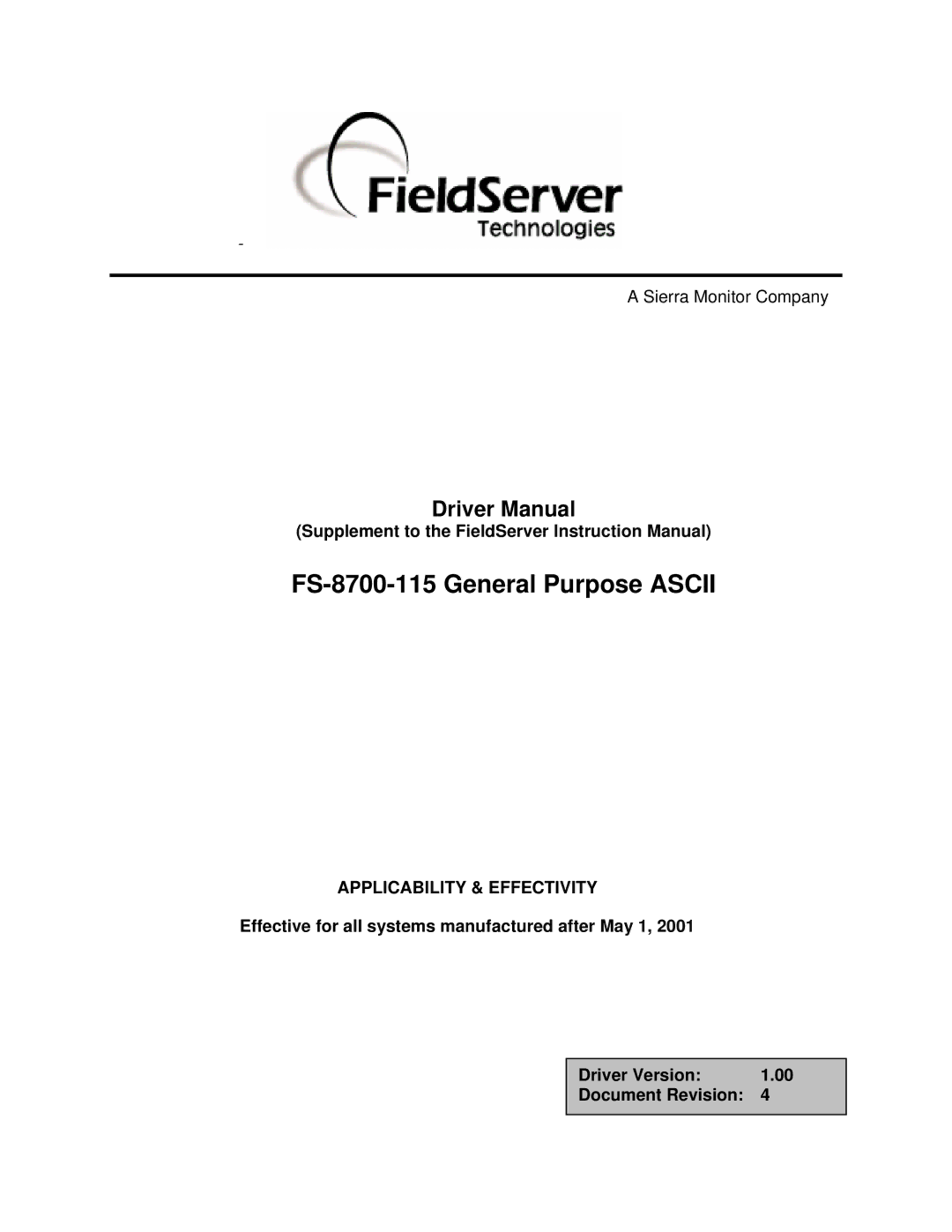 FieldServer instruction manual FS-8700-115 General Purpose Ascii 