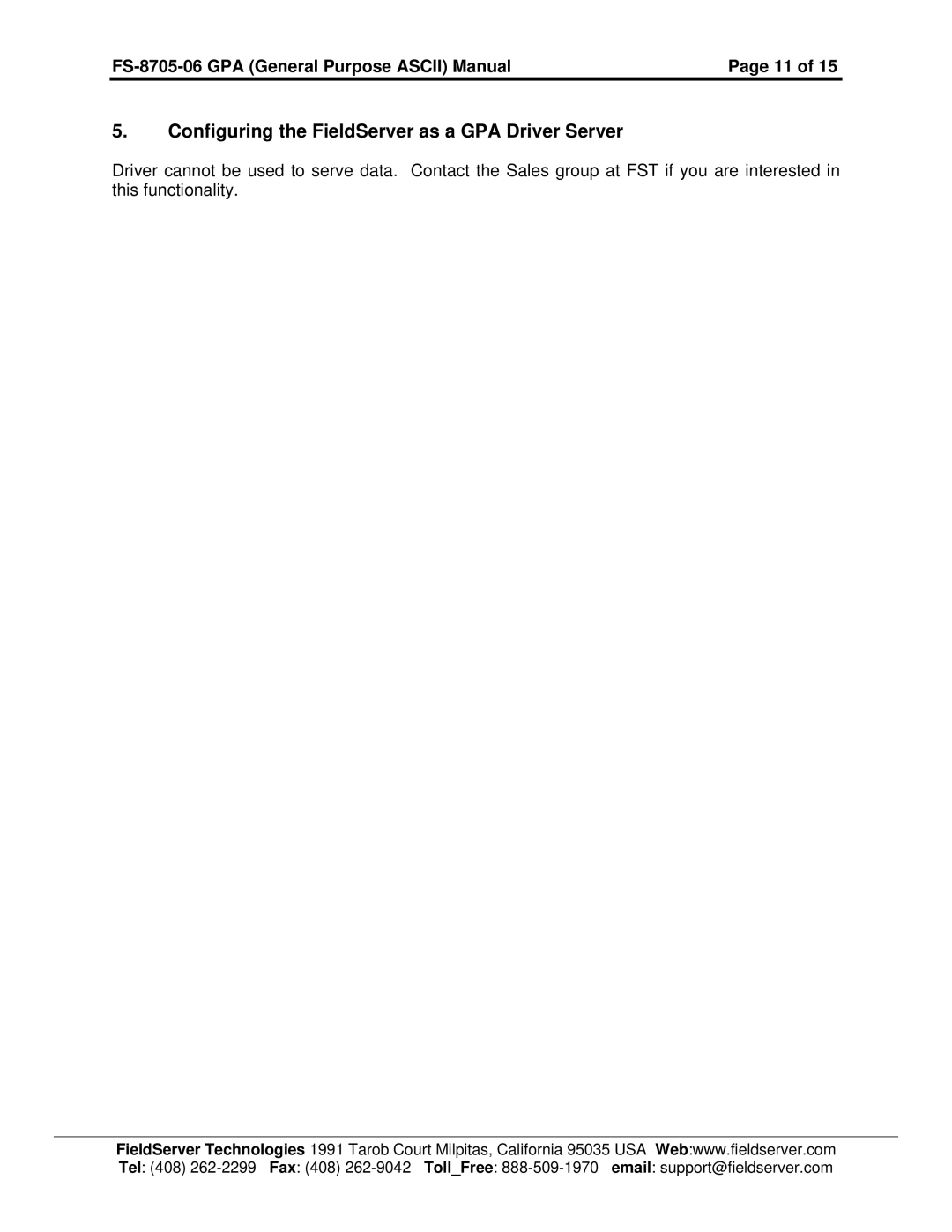 FieldServer FS-8700-115 instruction manual Configuring the FieldServer as a GPA Driver Server 