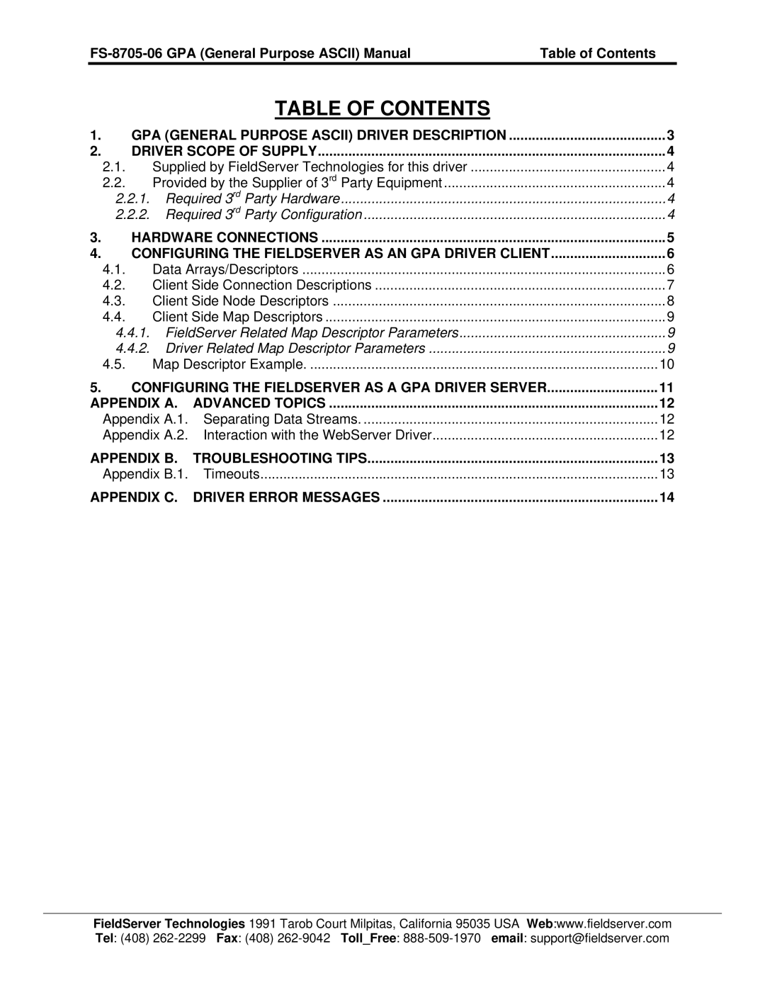 FieldServer FS-8700-115 instruction manual Table of Contents 