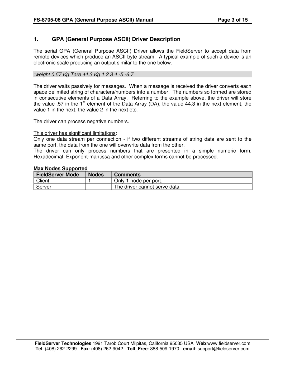 FieldServer FS-8700-115 GPA General Purpose Ascii Driver Description, FS-8705-06 GPA General Purpose Ascii Manual 