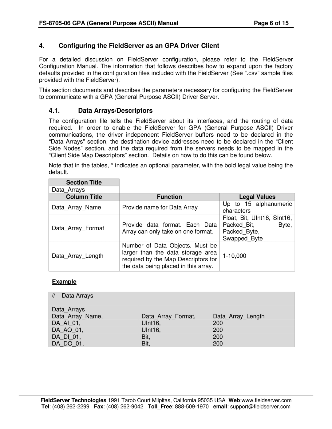 FieldServer FS-8700-115 Configuring the FieldServer as an GPA Driver Client, Data Arrays/Descriptors, Section Title 