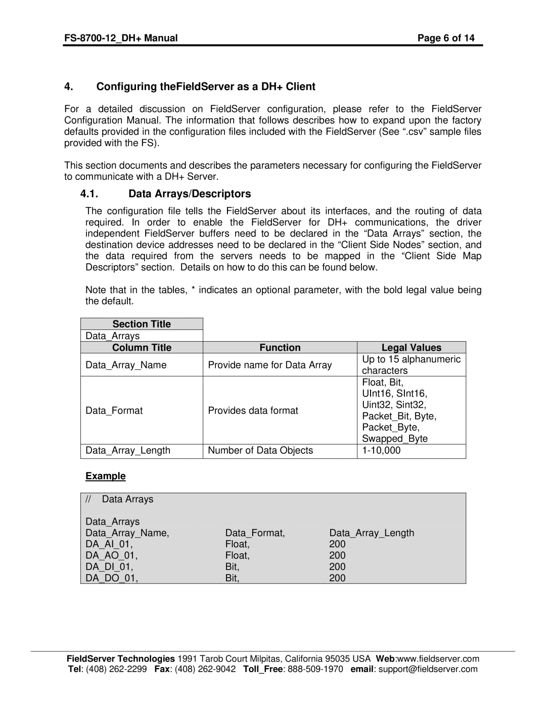 FieldServer FS-8700-12 Configuring theFieldServer as a DH+ Client, Data Arrays/Descriptors, Section Title, Example 