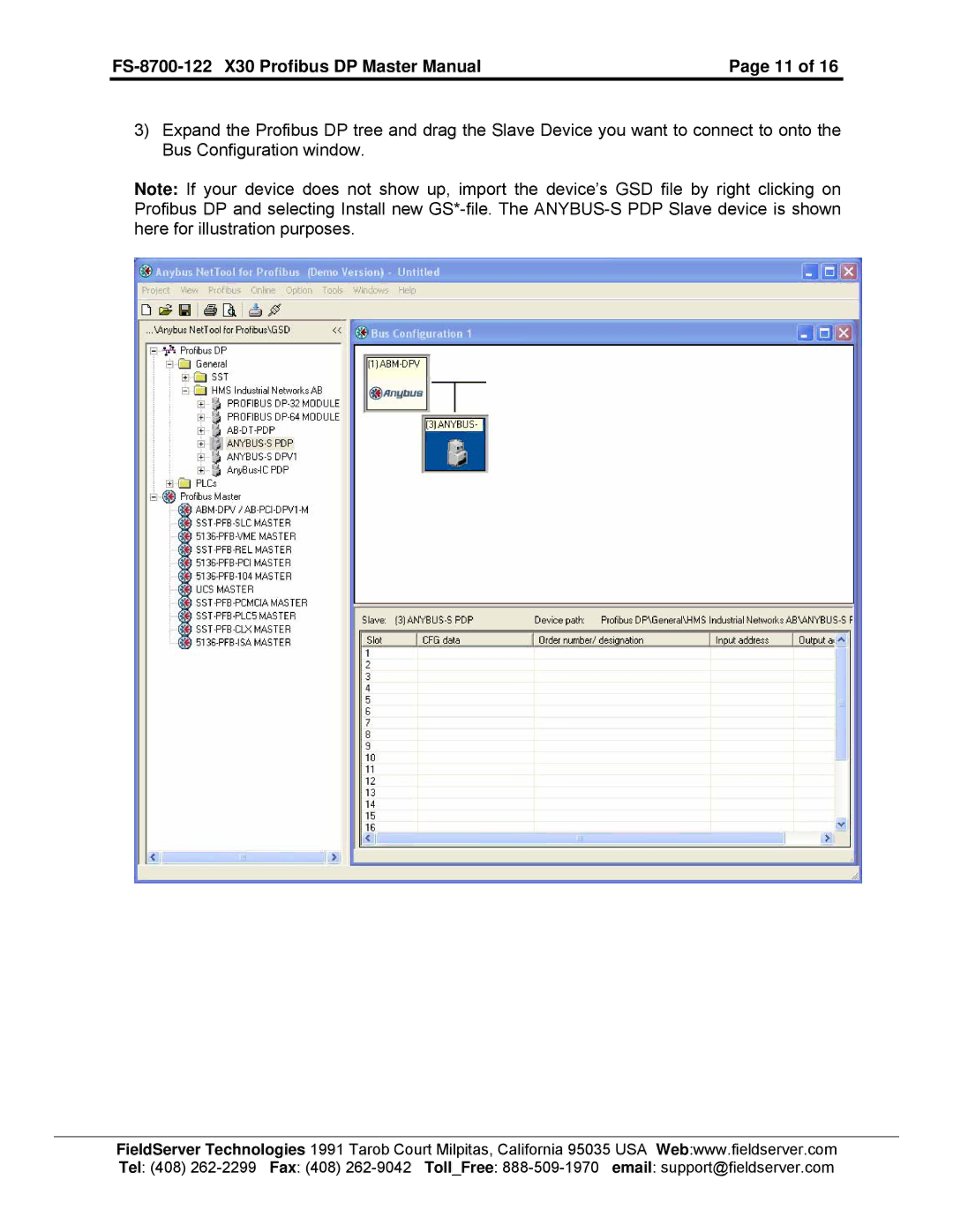 FieldServer instruction manual FS-8700-122 X30 Profibus DP Master Manual 