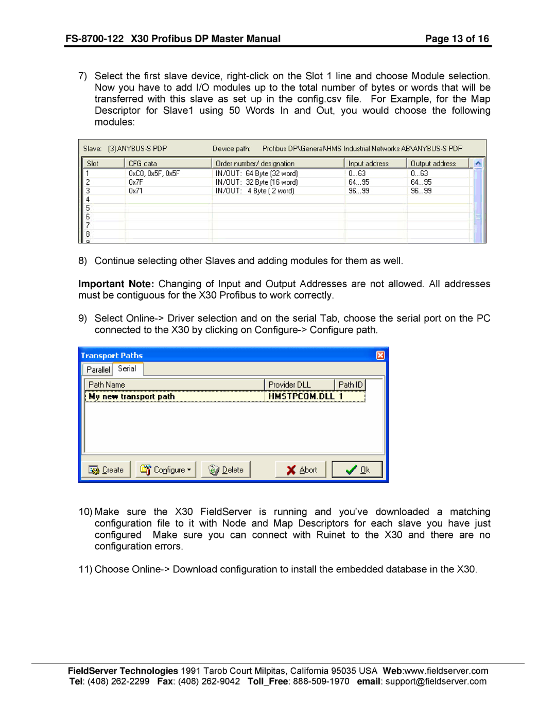 FieldServer instruction manual FS-8700-122 X30 Profibus DP Master Manual 