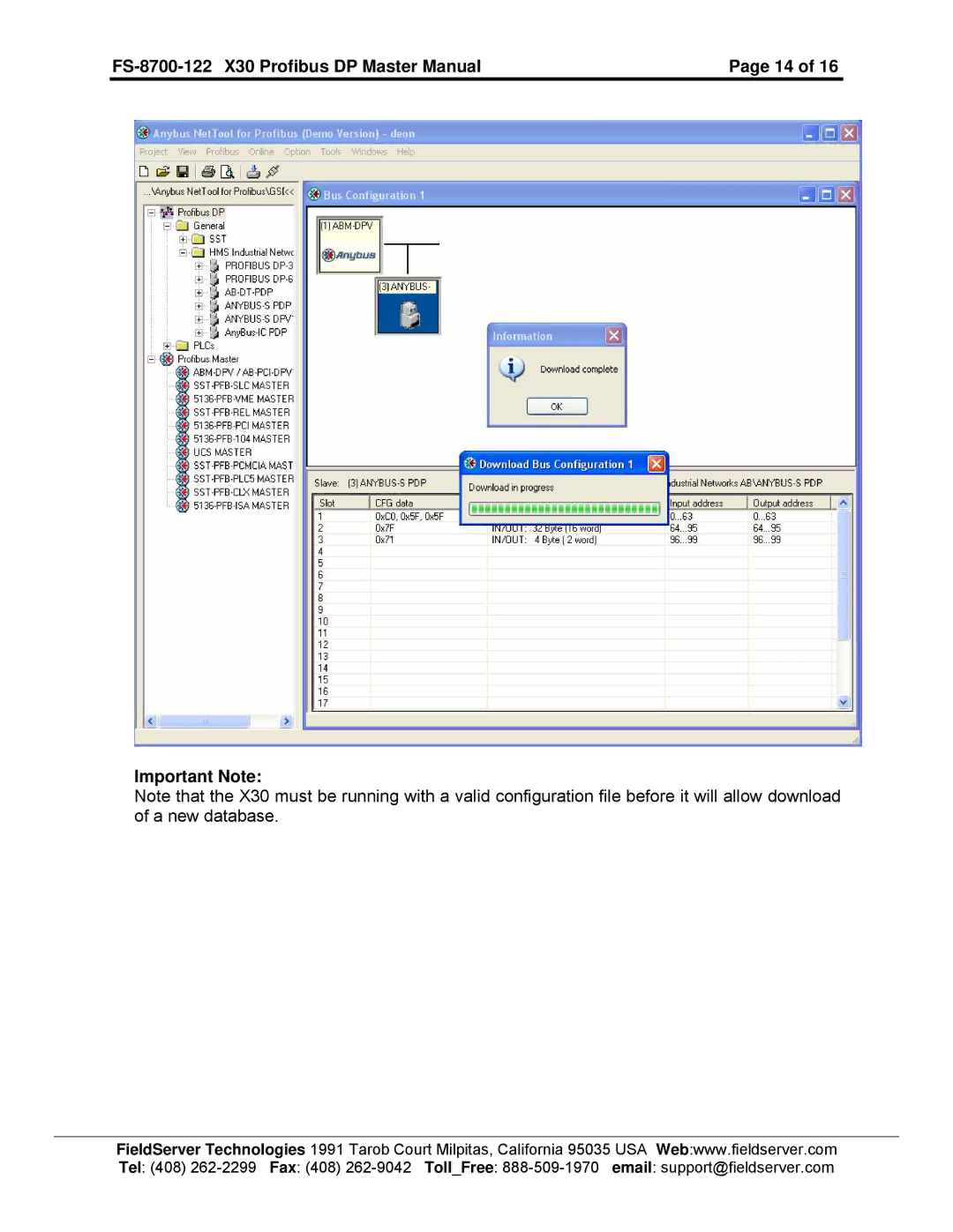 FieldServer instruction manual FS-8700-122 X30 Profibus DP Master Manual Important Note 