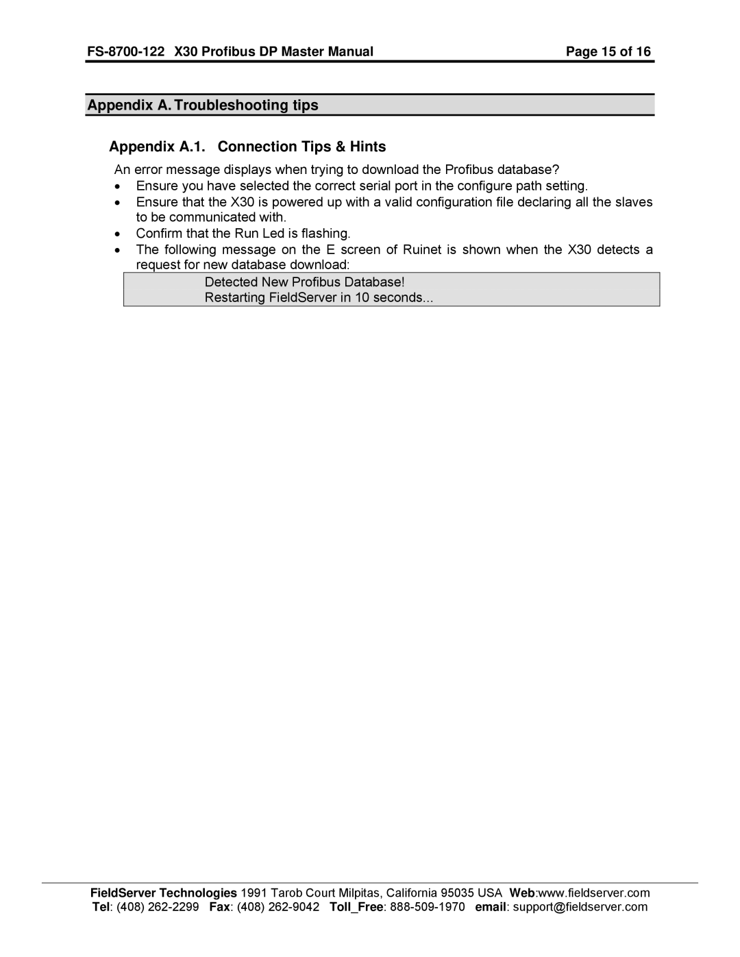 FieldServer instruction manual FS-8700-122 X30 Profibus DP Master Manual 