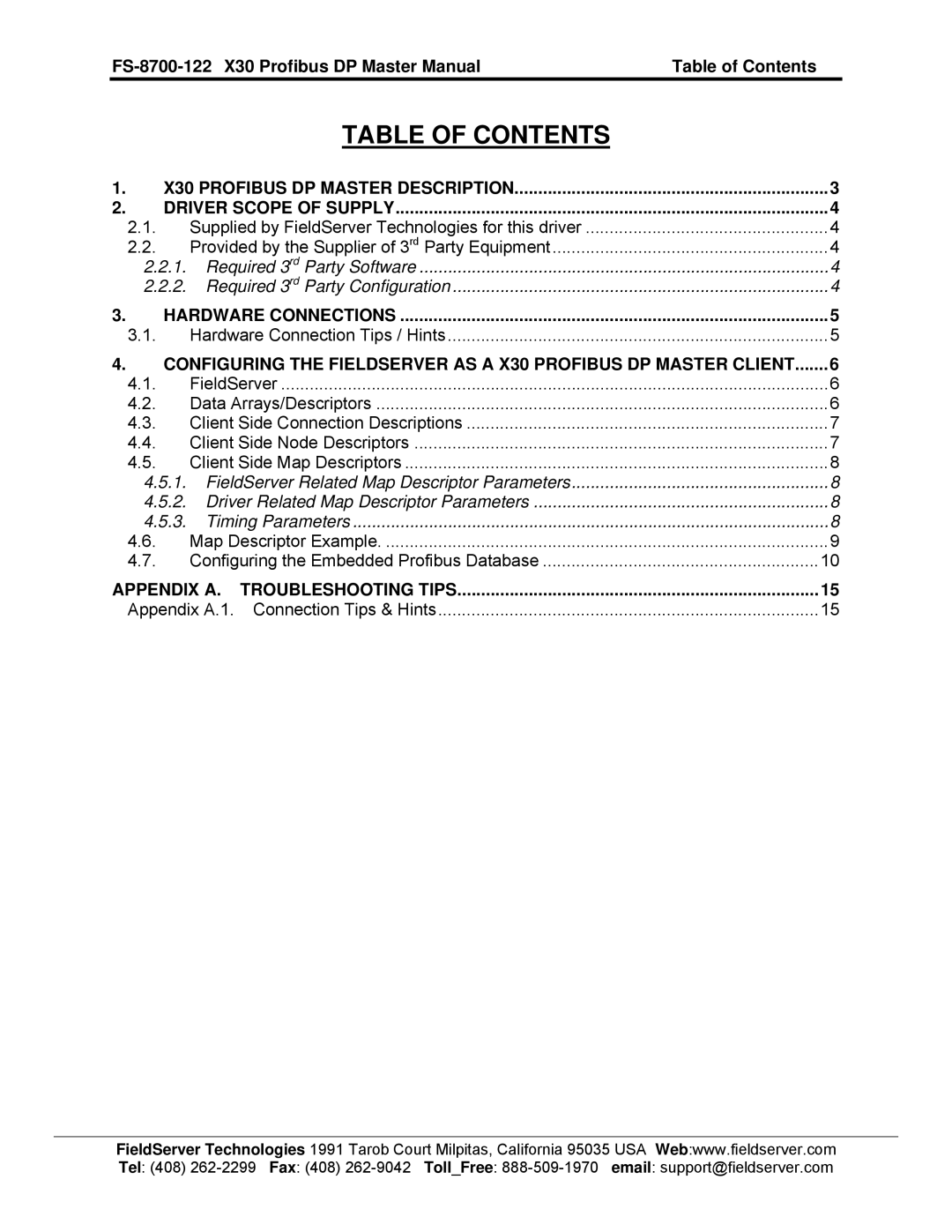 FieldServer FS-8700-122, X30 instruction manual Table of Contents 