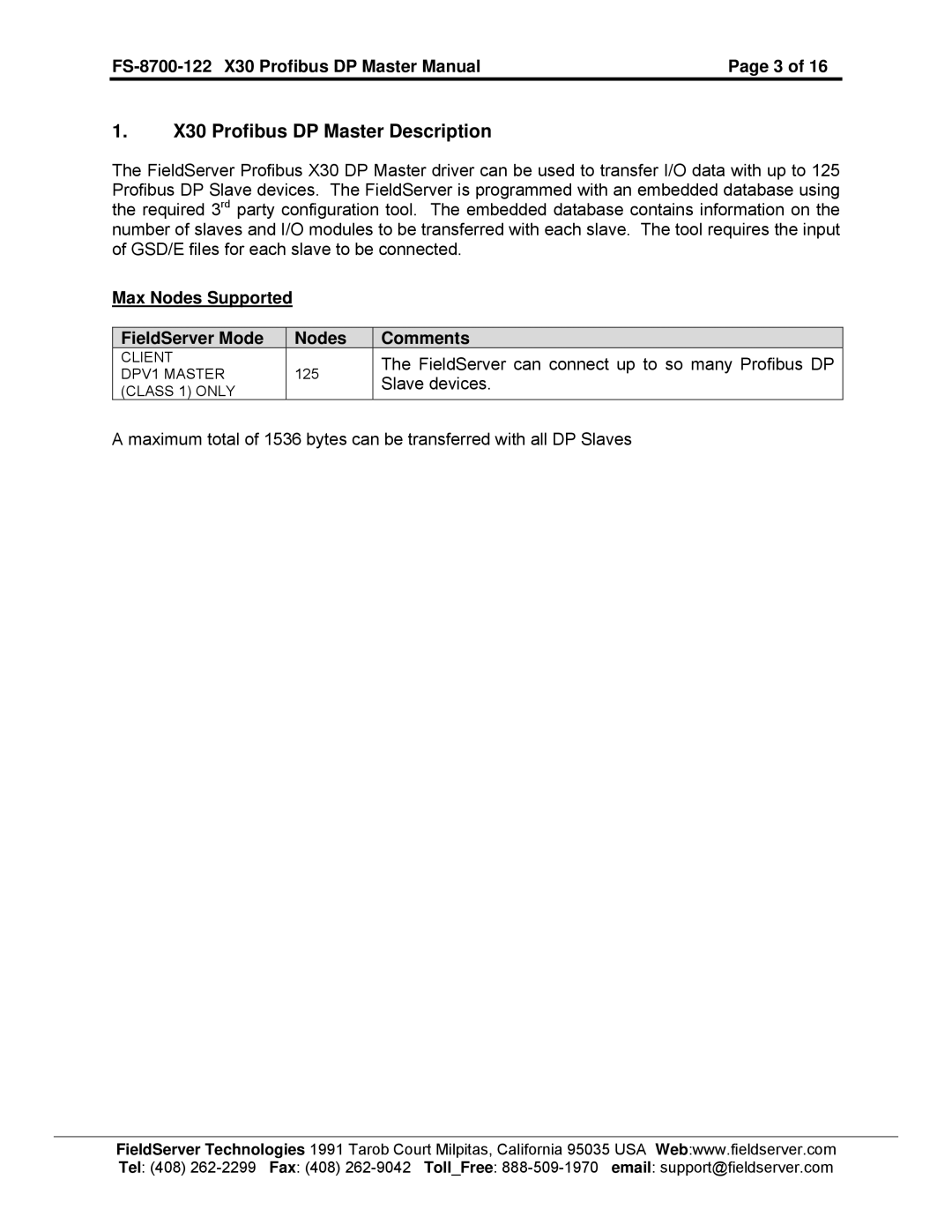 FieldServer FS-8700-122 X30 Profibus DP Master Description, Max Nodes Supported FieldServer Mode Comments 