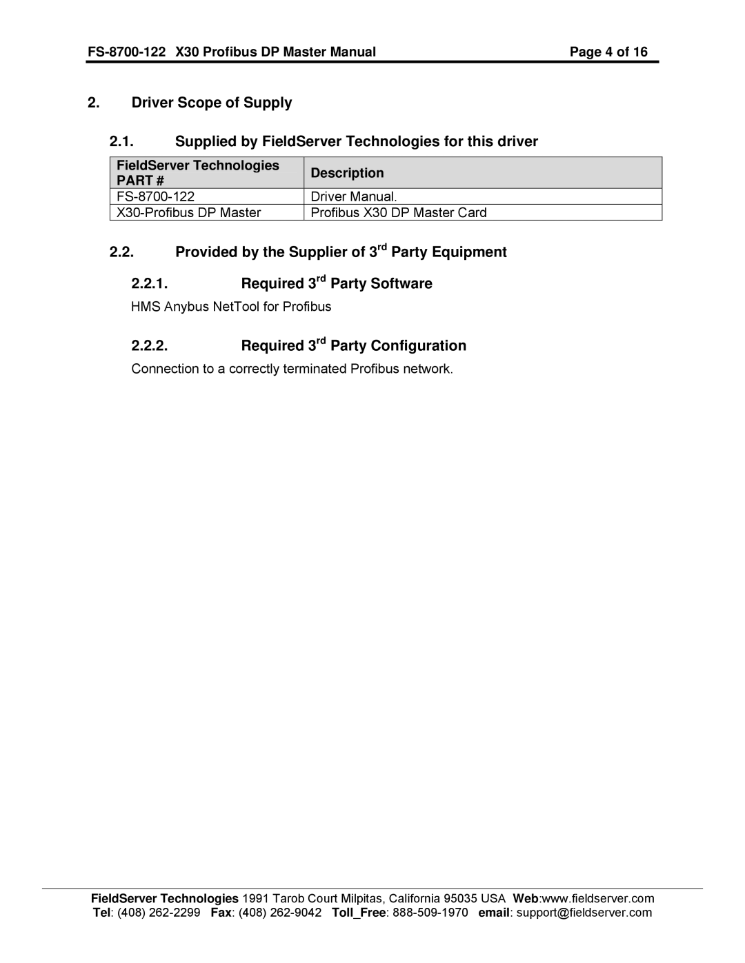 FieldServer FS-8700-122, X30 instruction manual Required 3rd Party Configuration 