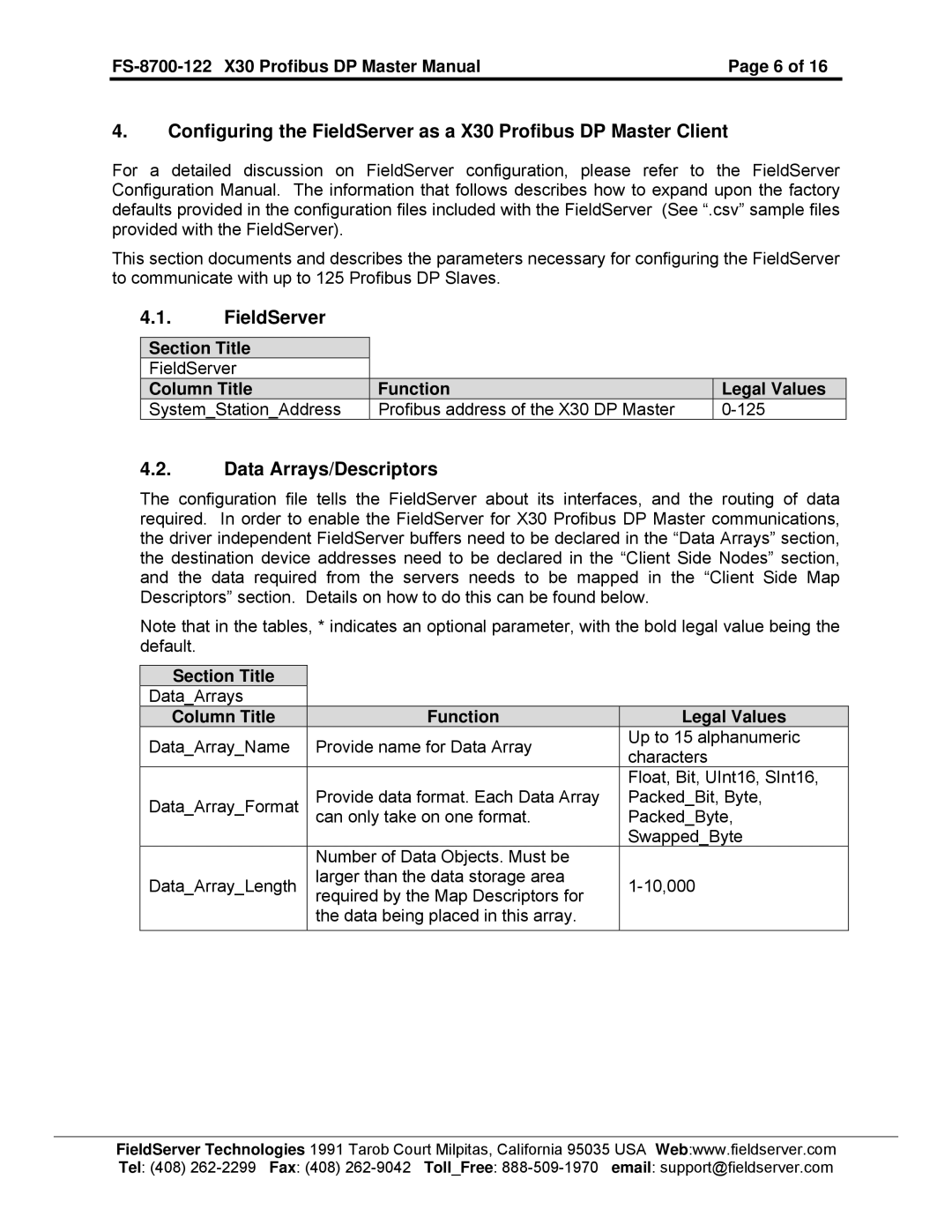 FieldServer FS-8700-122, X30 instruction manual FieldServer, Data Arrays/Descriptors 