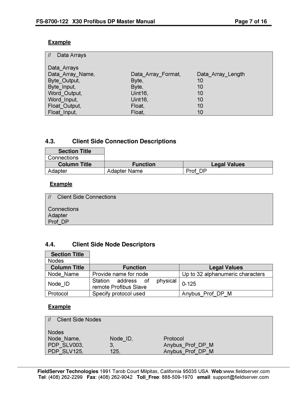 FieldServer X30, FS-8700-122 instruction manual Client Side Connection Descriptions, Client Side Node Descriptors 