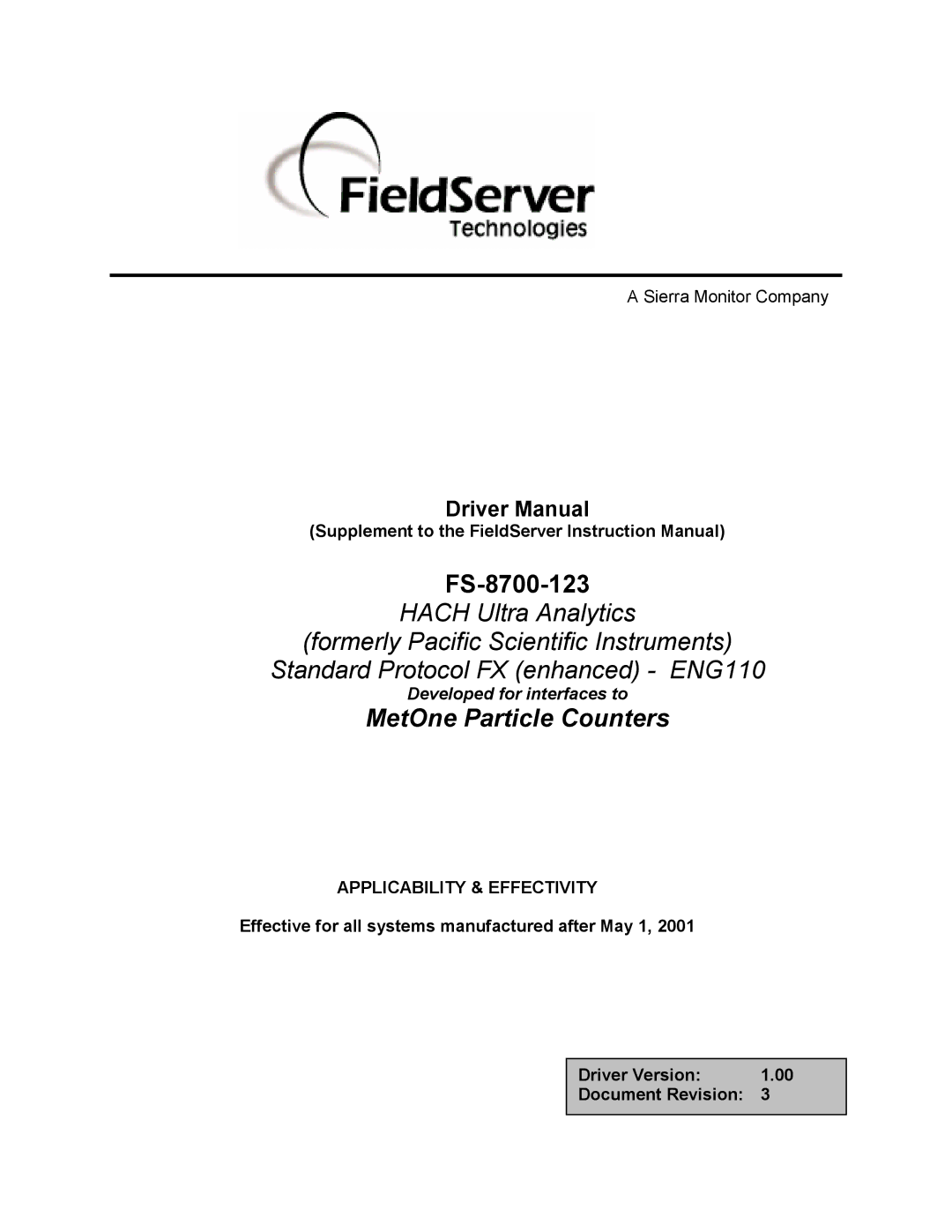 FieldServer FS-8700-123 instruction manual MetOne Particle Counters, Applicability & Effectivity 