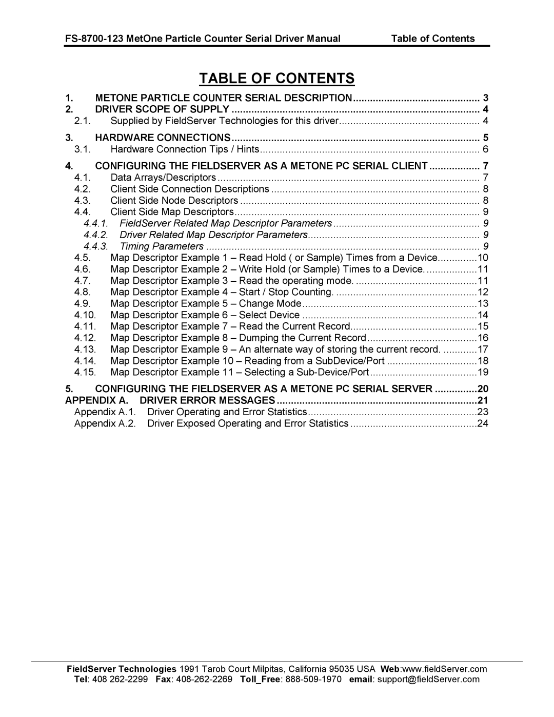 FieldServer FS-8700-123 instruction manual Table of Contents 