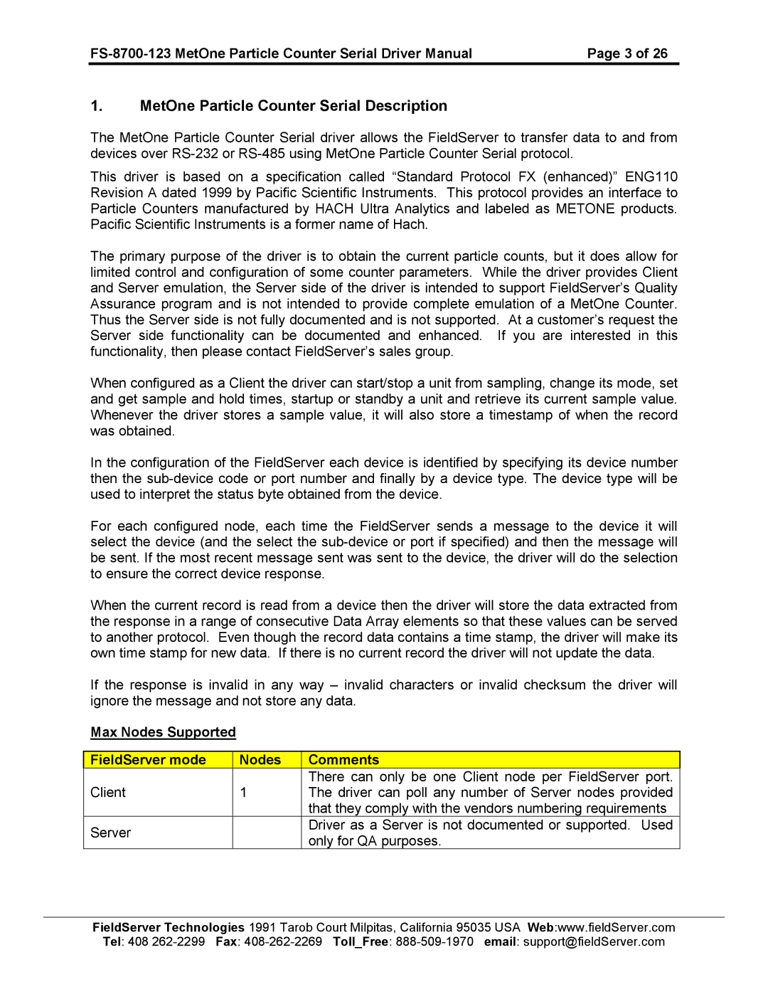 FieldServer FS-8700-123 instruction manual MetOne Particle Counter Serial Description 