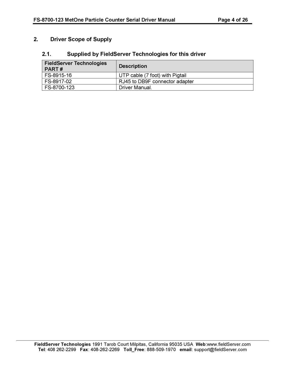 FieldServer instruction manual FS-8700-123 MetOne Particle Counter Serial Driver Manual 