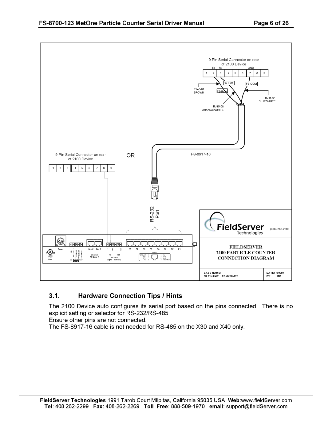 FieldServer FS-8700-123 instruction manual Hardware Connection Tips / Hints, RS-232 Port 