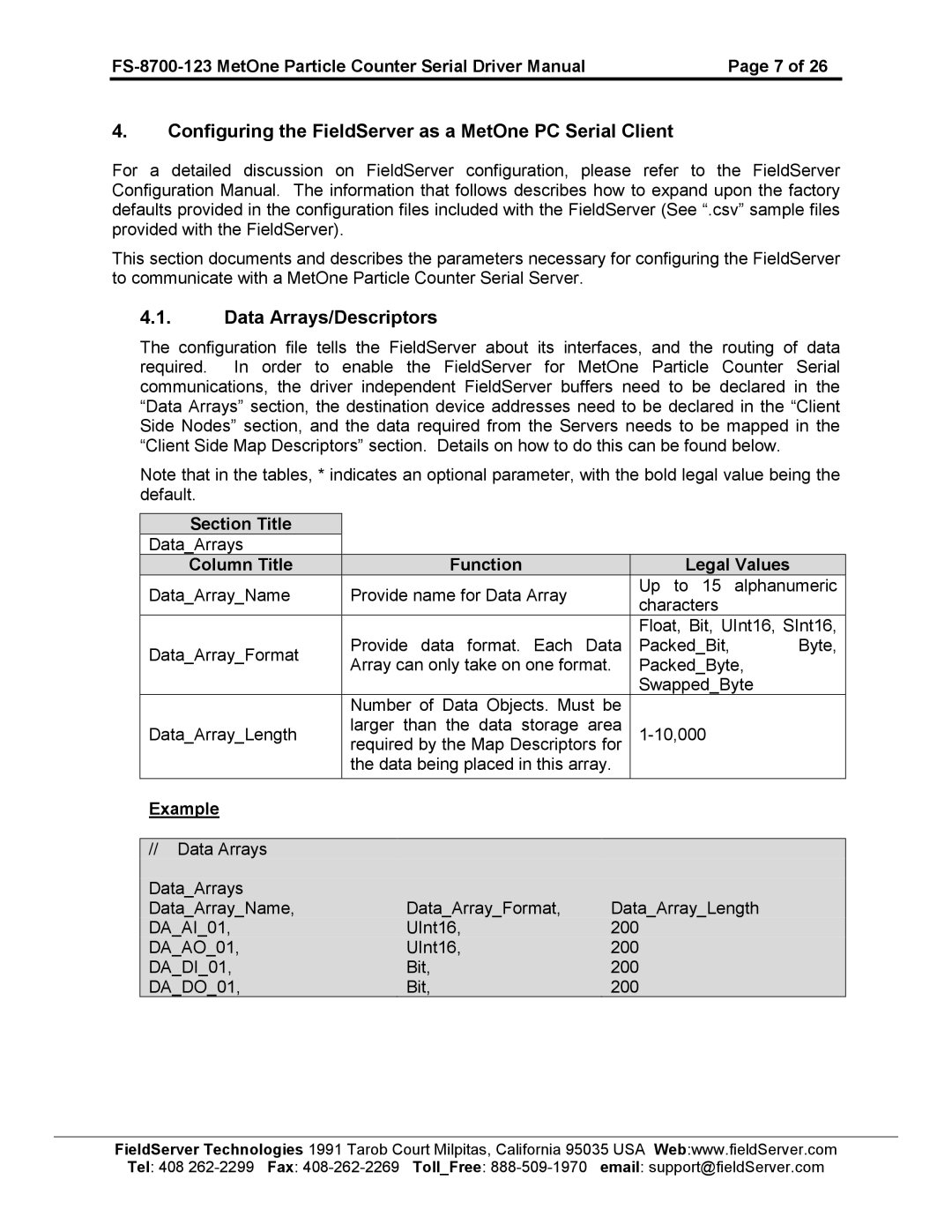 FieldServer FS-8700-123 Configuring the FieldServer as a MetOne PC Serial Client, Data Arrays/Descriptors 