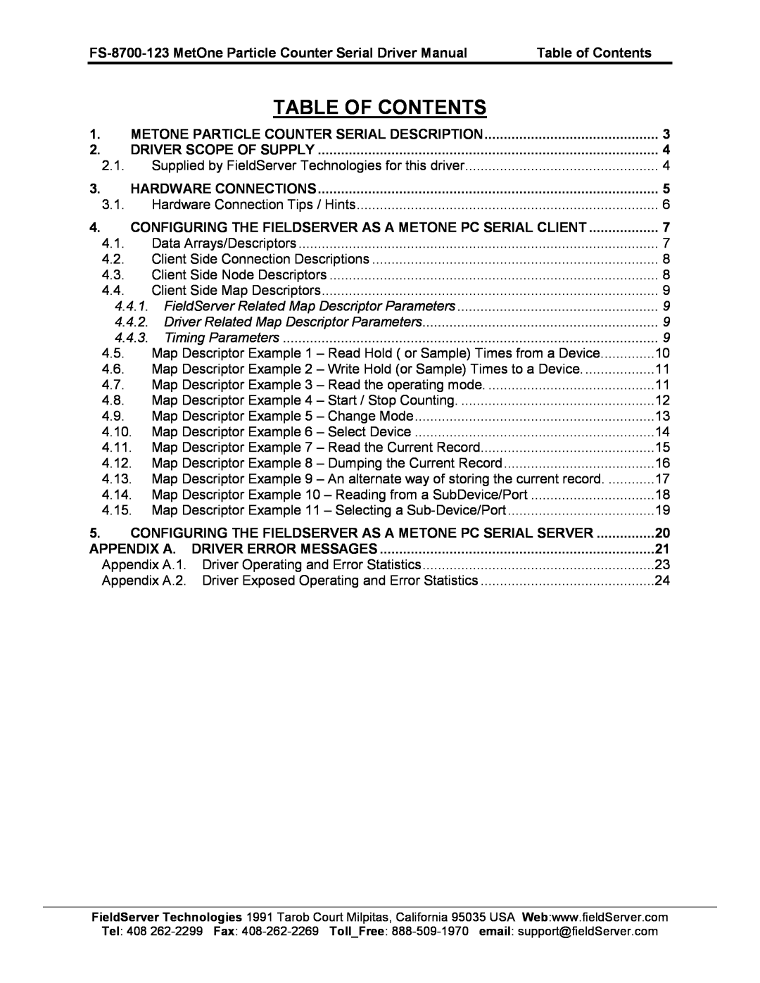 FieldServer FS-8700-123 instruction manual Table Of Contents 