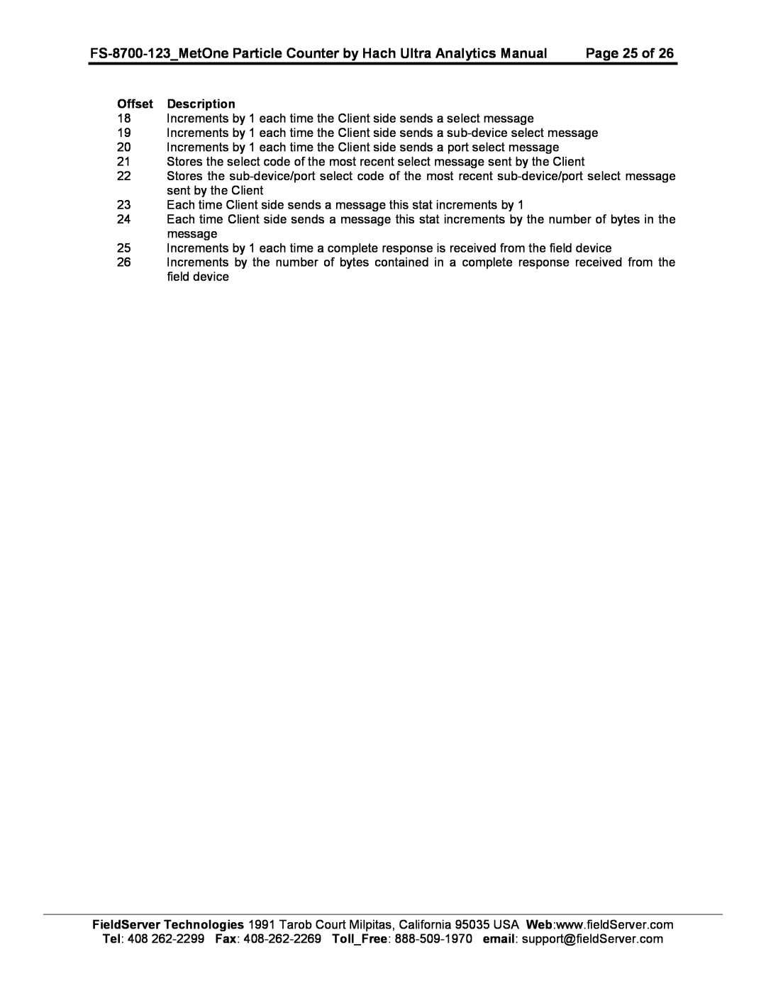 FieldServer instruction manual FS-8700-123MetOne Particle Counter by Hach Ultra Analytics Manual, Page 25 of 