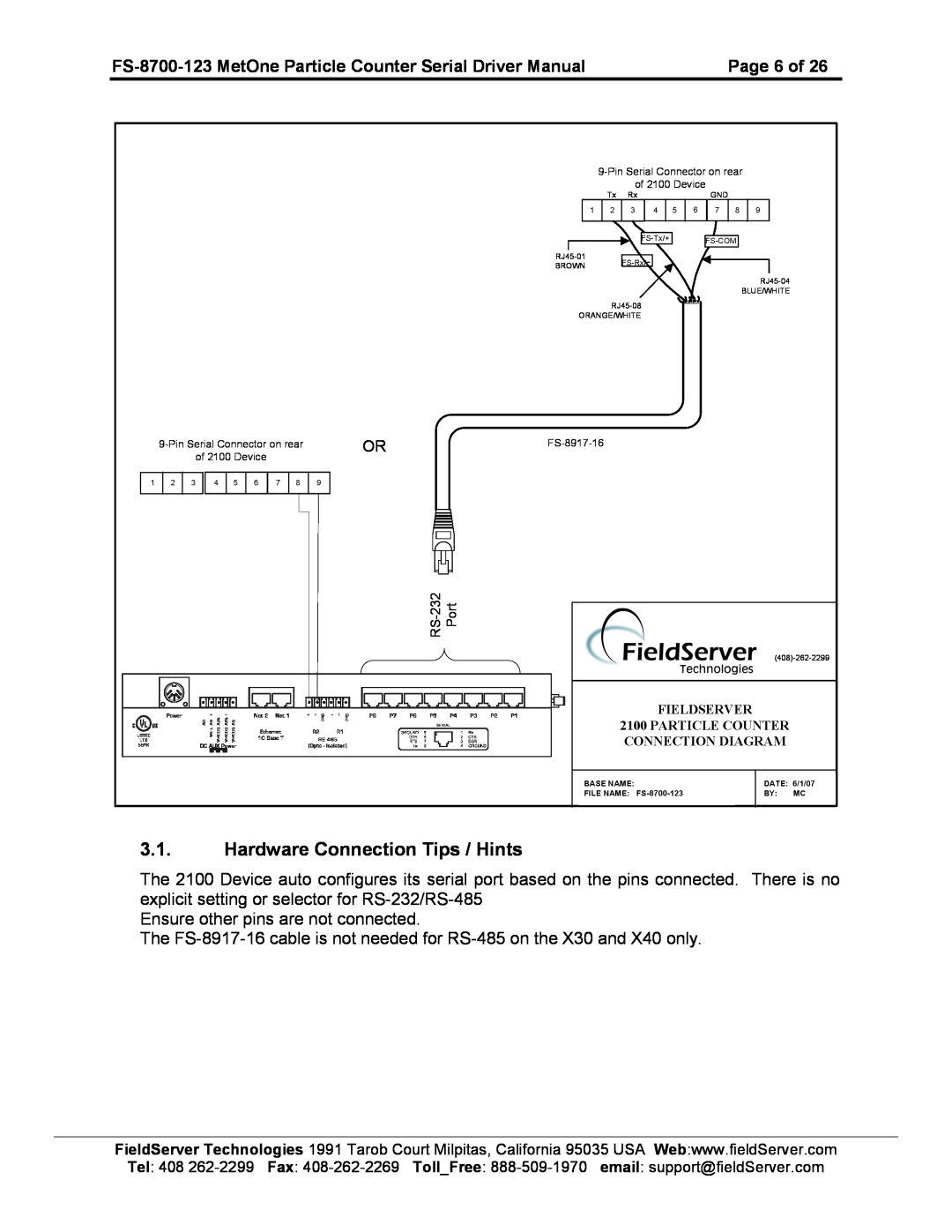 FieldServer FS-8700-123 instruction manual Hardware Connection Tips / Hints 
