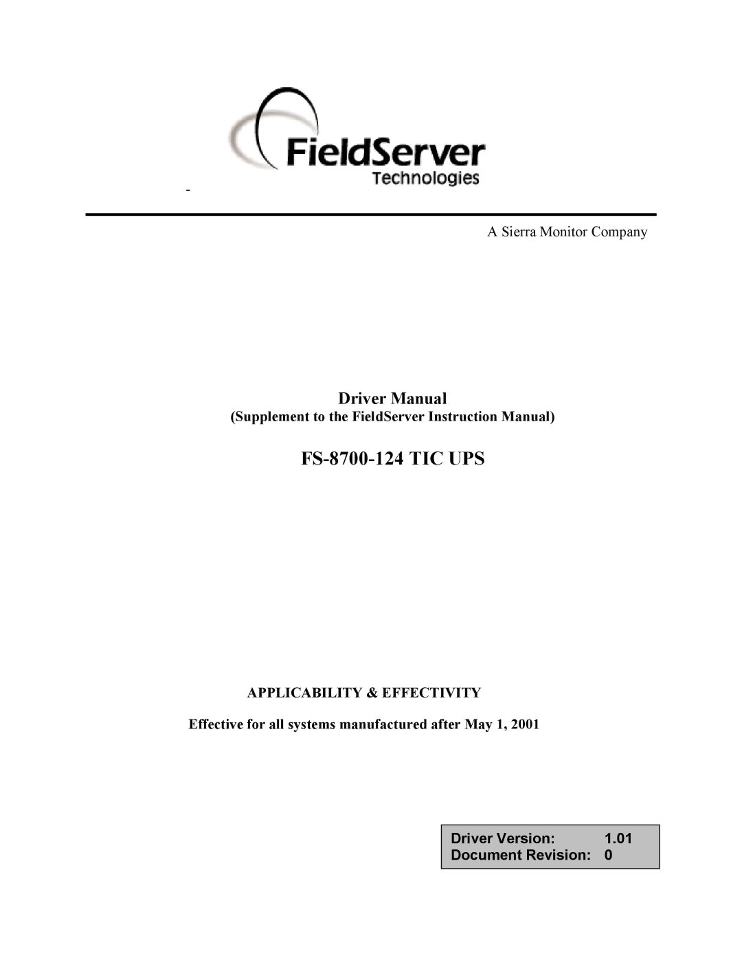 FieldServer FS-8700-124 instruction manual Effective for all systems manufactured after May 1 